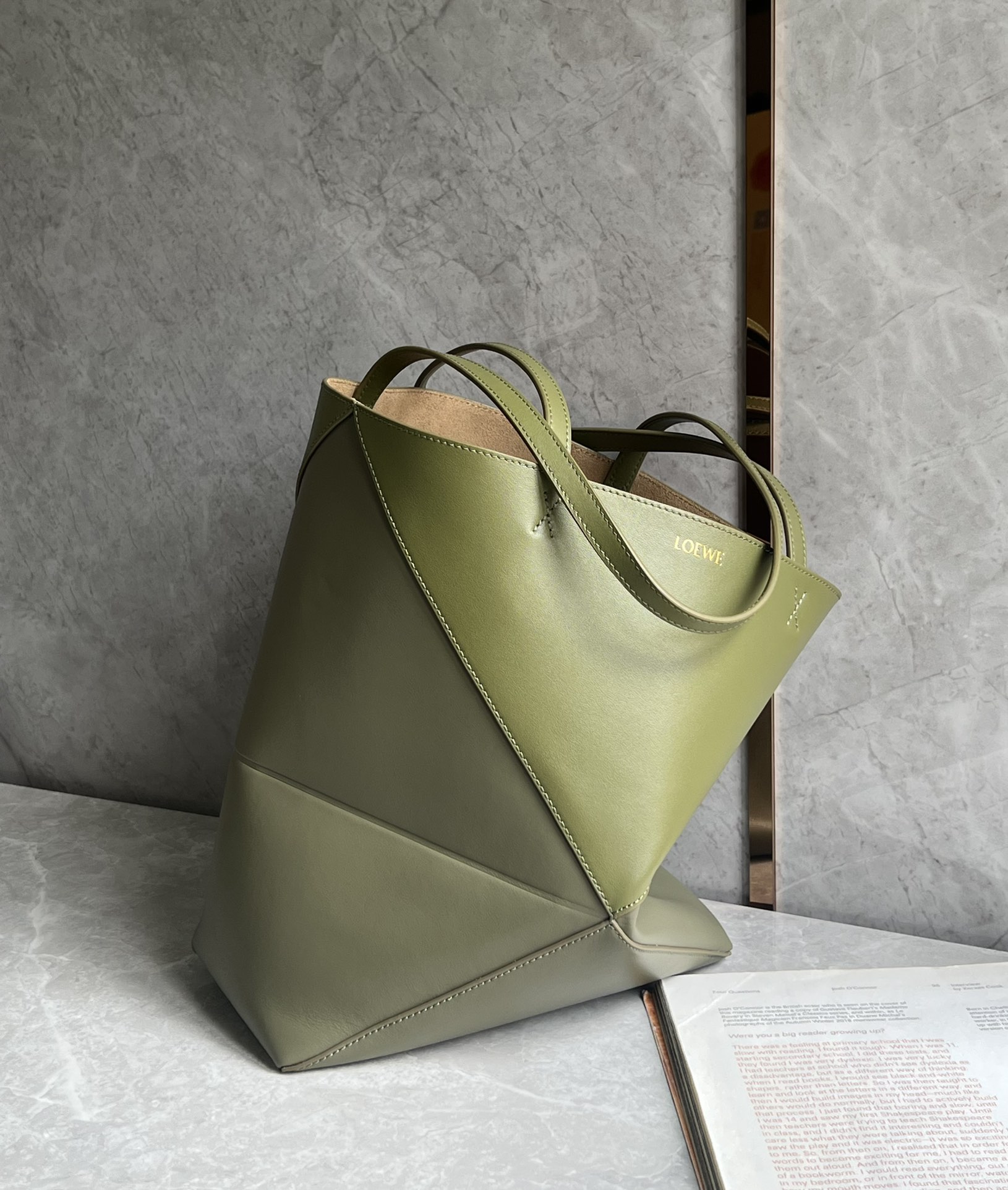 Loewe Medium Puzzle Fold Tote in Shiny Calfskin Light Green